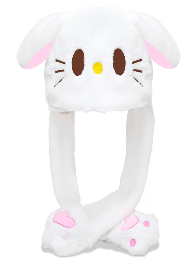 TecoKart® Plush Bunny Dancing Ears Cap - White Kawaii Bunny Ears Winter Hat for Girls, Rabbit Moving Ear Flaps and Press Paws, Plush Wool Winter Caps for Girls Kids - Image 1